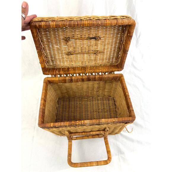 Vintage Other - Vintage Woven Wicker Picnic Basket Double Swing Handles Rustic Farmhouse